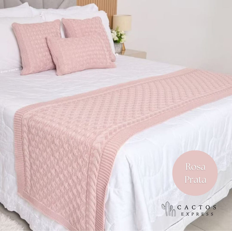 Kit Peseira Tricot Cama Casal Queen + 3 Capas Almofadas - Cactos Express