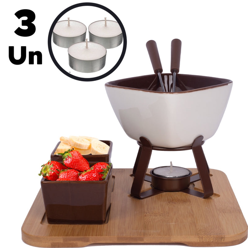 Kit Conjunto De Fondue Cerâmica 8 Peças Com Base Suporte Bambu - Cactos Express