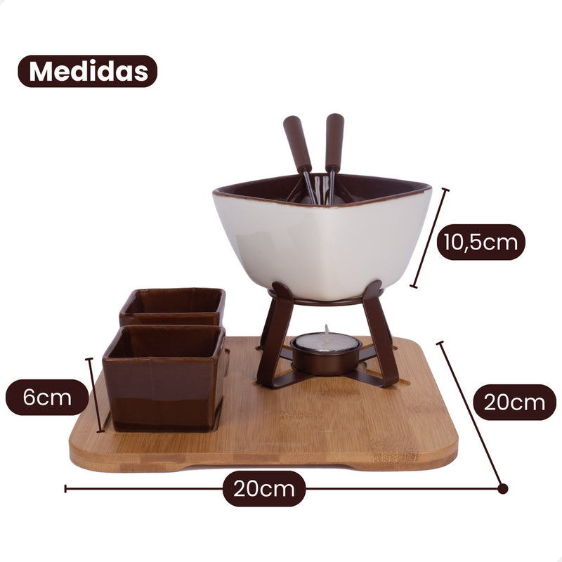 Kit Conjunto De Fondue Cerâmica 8 Peças Com Base Suporte Bambu - Cactos Express