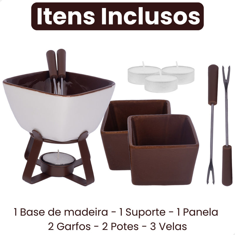 Kit Conjunto De Fondue Cerâmica 8 Peças Com Base Suporte Bambu - Cactos Express