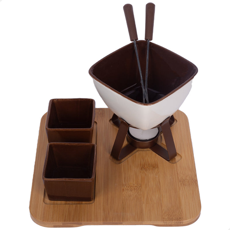 Kit Conjunto De Fondue Cerâmica 8 Peças Com Base Suporte Bambu - Cactos Express