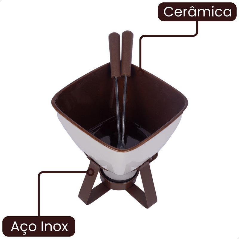 Kit Conjunto De Fondue Cerâmica 8 Peças Com Base Suporte Bambu - Cactos Express