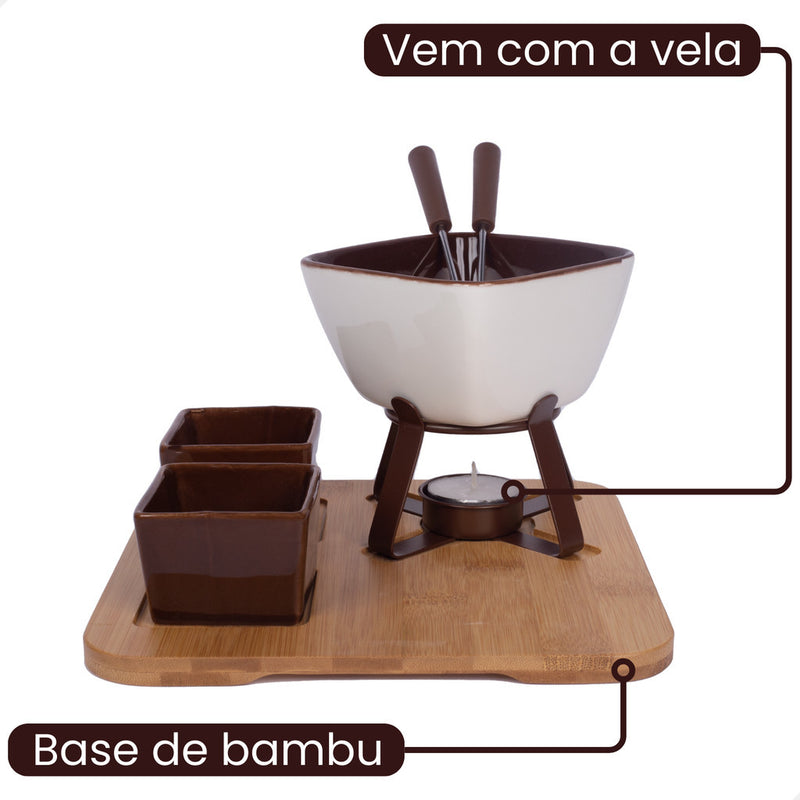 Kit Conjunto De Fondue Cerâmica 8 Peças Com Base Suporte Bambu - Cactos Express